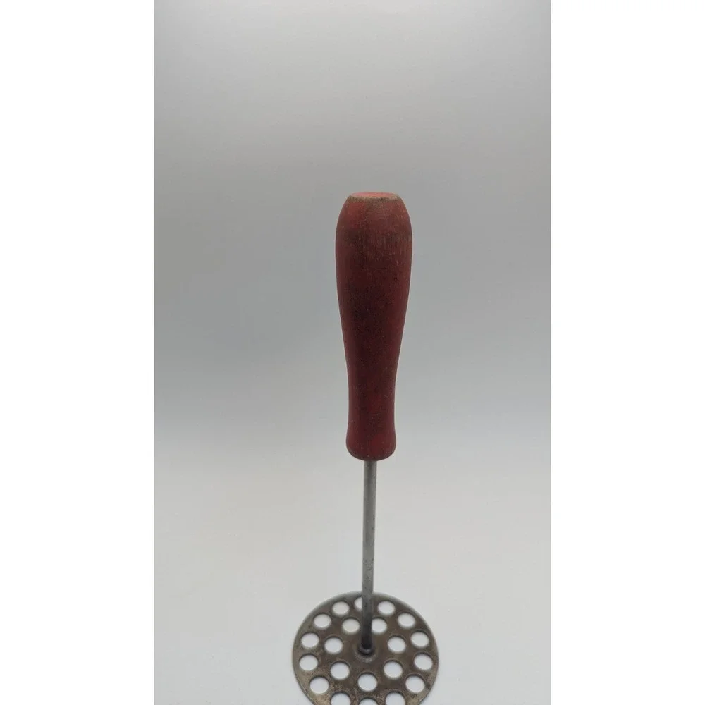 Vintage Potato Masher Red Wood Handle Primitive Metal Kitchen Tool 9 Inch Rustic